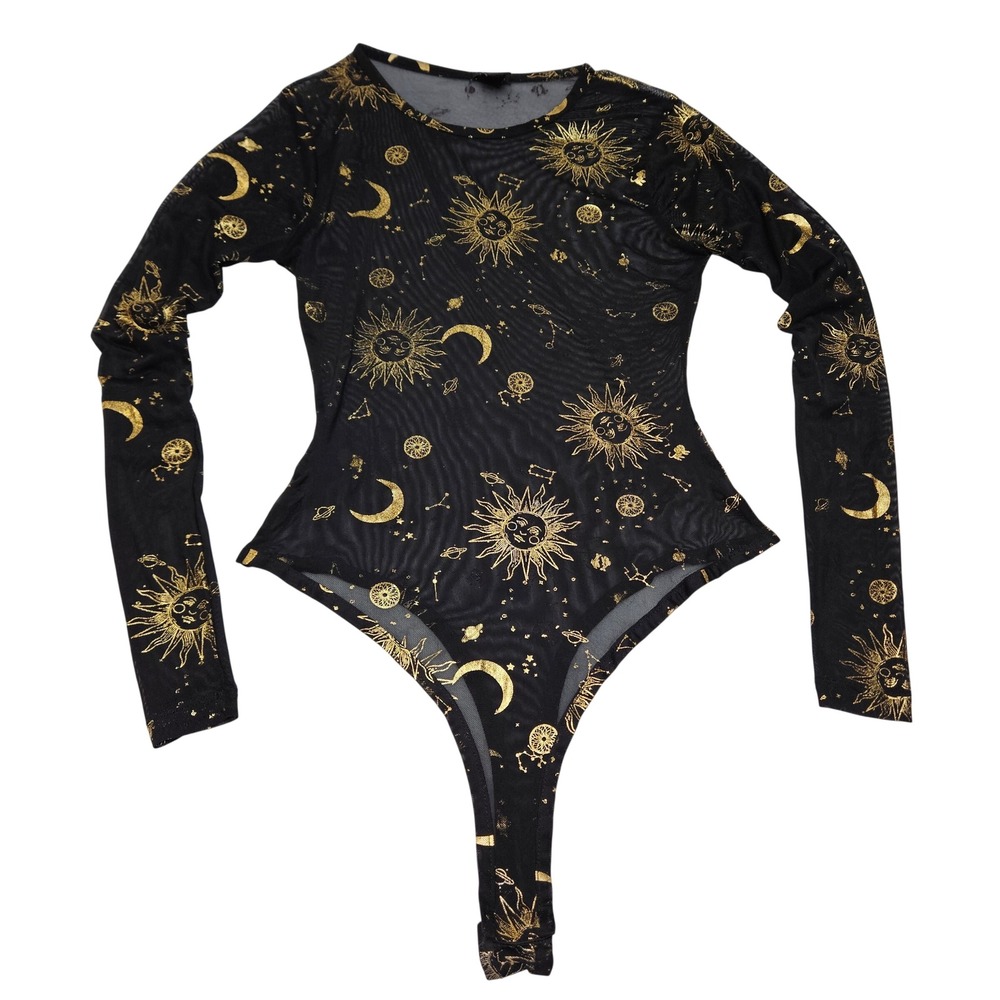 Black Gold Celestial Sun Moon Sheer Mesh Long Sleeve Bodysuit M Gypsy Whimsigoth